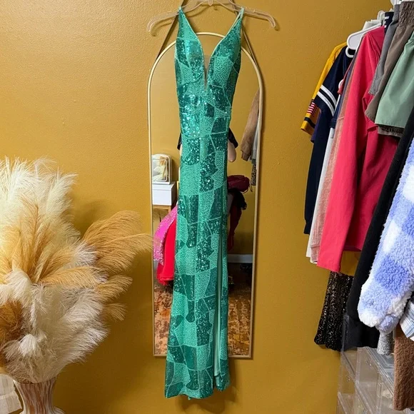 Green Sequin Gown with Side Slit